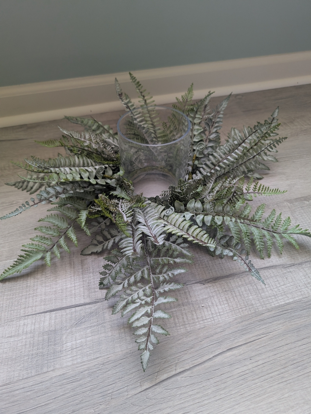Faux Fern Candle Wreath Centerpiece with Glass Hurricane Vase
